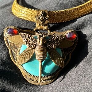 Artisan Gold and Turquoise Insect Pendant Necklace